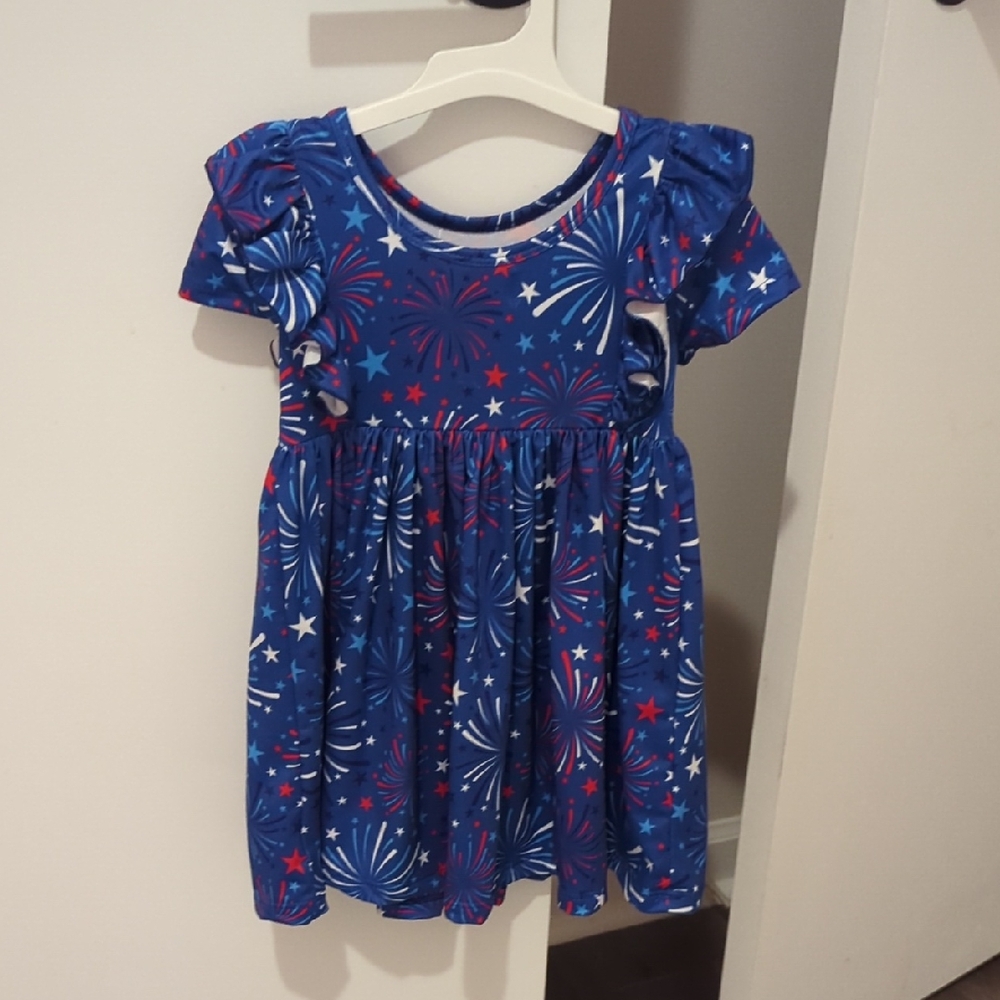 Blue and White Puff Sleeve Crew Neck Sundress